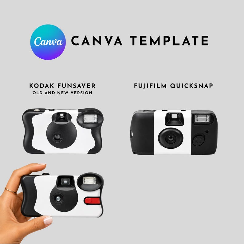 K&ouml;nnte beinhalten: Eine Canva-Vorlage mit drei Einwegkameras. Zwei Kodak Funsaver-Kameras, eine davon mit rotem Ausl&ouml;ser, und eine Fujifilm Quicksnap-Kamera werden mit ihren jeweiligen Beschriftungen vor einem hellgrauen Hintergrund dargestellt.