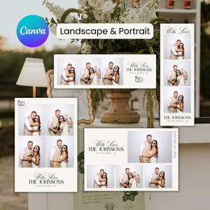 Könnte beinhalten: Ein weißer Fotostreifen mit vier Fotos eines Paares. Das Paar ist in Hochzeitskleidung gekleidet und lächelt. Der Text "With Love, The Johnsons, San Antonio, TX" ist auf dem Streifen gedruckt.