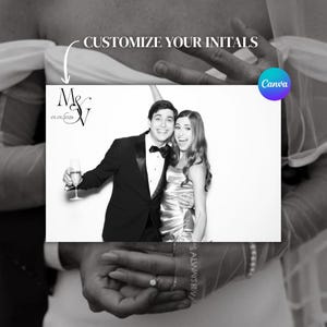 May include: Black and white photo booth image with the text "CUSTOMIZE YOUR INITIALS". The photo shows a couple smiling, with the initials "M&V" and the date "01.01.2026" displayed. A Canva logo is in the corner.