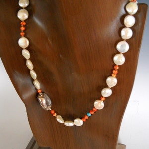 Fine Silver Precious Metal Clay Single Bead on Hand Knotted Coin Pearl and Sponge Corage Beaded Necklace KHN 1608