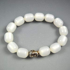 Vintage Re-Do Mother of Pearl White Round Tube Beads and a Buddha Bead Stretch Bracelet