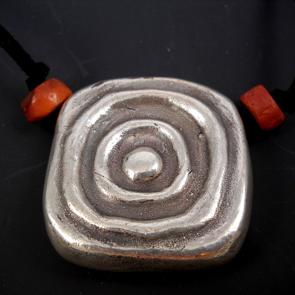 Wabi Sabi Bead Collection Handmade Fine Silver Porcelain Large Square Ripple Bead and Natural Carnelian Beads on Suede Leather Cord KHN1518