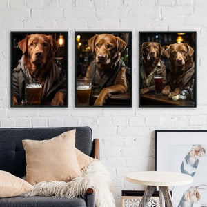Chocolate Brown Labrador in the Pub - Print at Home Download Funny Dog Wall Art, Dog Portrait Set of 3