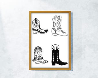 Retro Cowboy Boot Art Print: Minimalist Western Decor (Digital Download)
