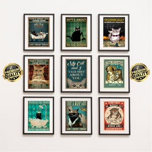 Katzenwand-Kunstset von 9, schwarze Katze Druck, schwarze Katze Wandkunst, Katzenliebhaber Geschenk, schwarze Katze Wanddekor, herunterladbare Drucke schwarze Katze Poster