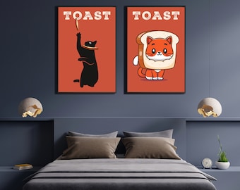 Lámina artística de gatito divertido en tostada, decoración de pared de gato (descarga digital)