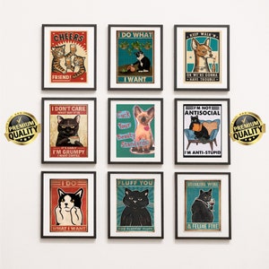 9 schwarze Katze Digitale Wand Kunst Druck Lustiges Katzen Poster, süßes Kätzchen Illustration, Katzenliebhaber Geschenk, Haustier Druck, Katze machen Dinge Brot Wanddekor