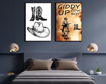 Vintage Cowboy Art Prints: Minimalist Western Decor, Set of 2 (Digital Download)