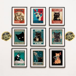 Eclectic Gallery Wall Set von 9 Katzen, Vintage Katzendekor, Geschenk für Katzenliebhaber, Katzenliebhaber Poster, Tierkunstdruck, Tierwanddekor