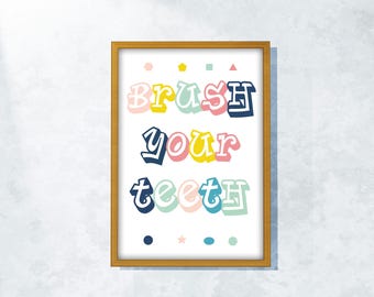 Kids Bathroom Art Set: Colorful 'Brush Your Teeth' Print (Digital Download)
