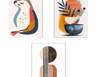 Abstract Geometric Art Prints, Mid-Century Modern Decor (Set of 3) (Digital Download)