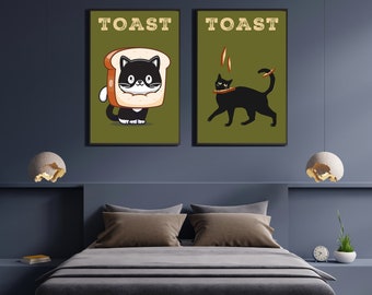 Lámina artística de un gato negro divertido: Gatito con tostada (descarga digital)