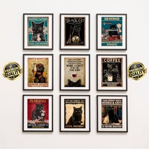 9 Cats Digital Wall Art Download, Black Cat Print, Black Cat Wall Art, Cat Lover Gift, Black Cat Wall Decor,  Black Cat Poster,Cat Poster