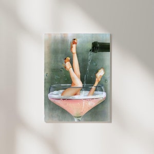 Funky Weibliche Champagner Poster Retro Vintage Print Trendige Wandkunst, Vintage Bar druckbar, Girly Cocktail Print, Digital Dorm Room Decor