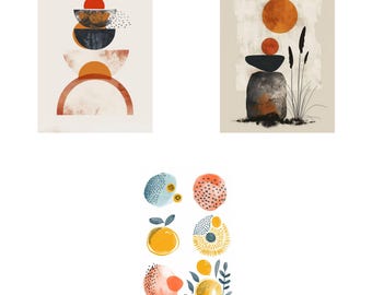 Modern Abstract Art Prints Set of 3, Minimalist Neutral Shapes (Digital Artwork)