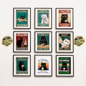 9 Cats Digital Wall Art Download,Black Cat Print, Black Cat Wall Art, Cat Lover Gift, Black Cat Wall Decor,  Black Cat Poster