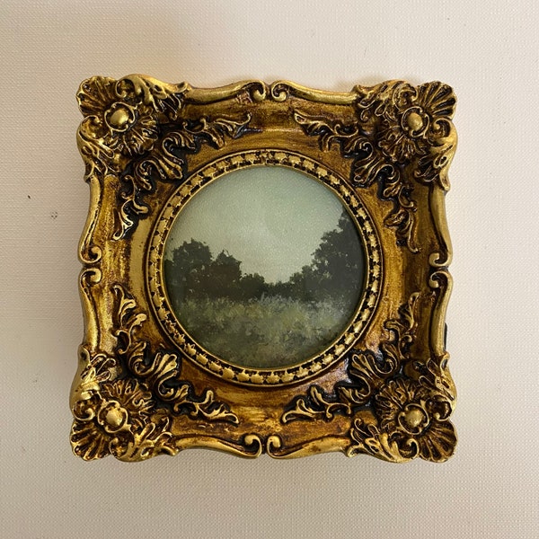 Small painting in a vintage frame, Vintage oil painting, dark golden frame, Moody landscape, Oil landscape painting