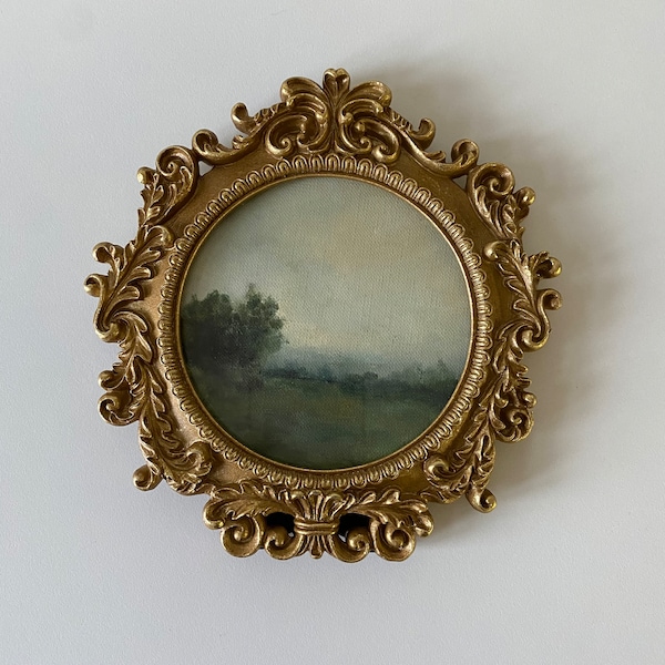 Round small painting in a vintage frame, Vintage oil painting, Moody landscape, Oil landscape painting