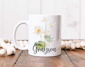 July Birth Flower Mug, Personalized Birth Flower Coffee Cup Gift, Custom July Birthday Gift, Water Lily Mug, Birth Month Flower Gift