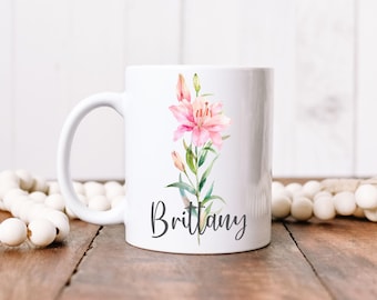 May Birth Flower Mug, Personalized Birth Flower Coffee Cup Gift, Custom Coffee Mug, Lily Mug, Hawthorn Coffee Cup, Lily of the Valley Mug