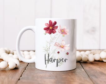 October Birth Flower Mug, Custom October Birthday Gift, Personalized Birth Flower Present, Cosmos Marigold Birth Month Flower Gift