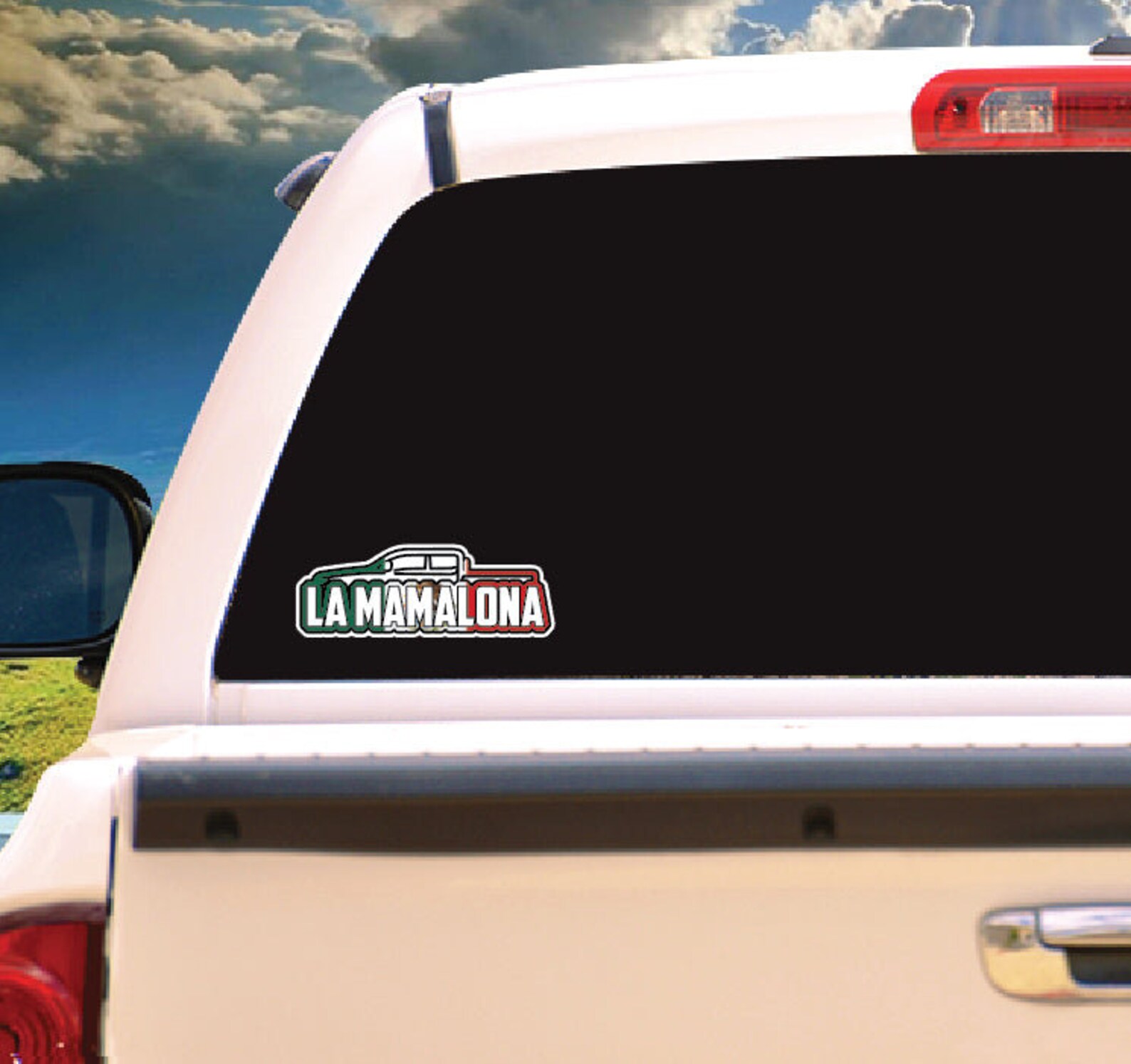 thumbnail image 2 of "La Mamalona" Vinyl Decal – Fits Chevy, GMC, Dodge Ram, Ford F150 – Gloss White 2 of 6