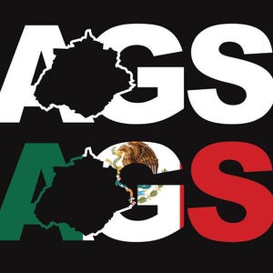 May include: White text with the letters "AGS" and a black silhouette of the state of Aguascalientes, Mexico. Below, the same text in green, white, and red, with the Mexican flag in the background.