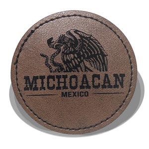 Michoacan Faux Leather Patch - Brown Leather Iron-On for Jackets, Vests Aguilar Mexican Flag Eagle Aguilar Mexicana MICH 2.5"
