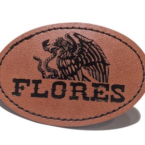 Flores Faux Leather Patch – 3x2" Brown Leather Iron-On for Jackets, Vests Flores Mexican Flag Eagle Aguilar Mexicana
