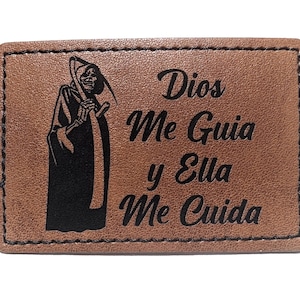 Santa Muerte Dios me Guia y Ella me Cuida Faux Leather Patch – 3x2" Brown Leather Iron-On for Jackets, Vests