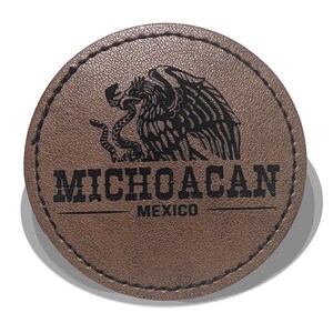 Michoacan Faux Leather Patch - Brown Leather Iron-On for Jackets, Vests Aguilar Mexican Flag Eagle Aguilar Mexicana MICH 2.5"