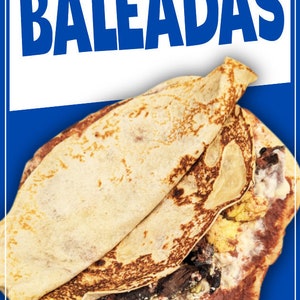 May include: A close-up of a traditional Honduran dish called "Baleadas". The dish consists of two large flour tortillas filled with refried beans, cheese, and a fried egg. The tortillas are folded in half and are slightly browned on the outside.