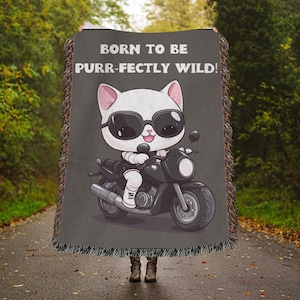 Coole Katze auf einem Motorrad, Kätzchen mit Sonnenbrille, gewebte Decke, tolles Weihnachtsgeschenk, süß und warm, 100% Baumwolle, wunderlich