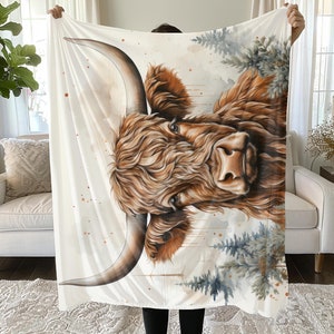 Highland Cow Sherpa Fleece Blanket: Winter Snow Scene Throw
