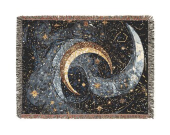 Celestial Moon Woven Blanket, Galaxy Throw, Black Gold Silver Home Decor, Lunar Celestial Tapestry, Night Sky Wall Hanging