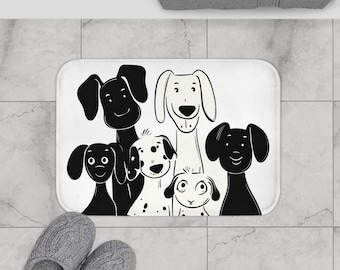 May include: Black and white illustration of a group of dogs on a white bath mat. The dogs are all different breeds and sizes, and they are all looking at the viewer. The bath mat is rectangular and has a white background.