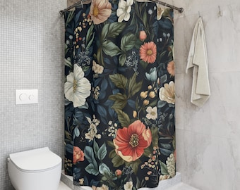 Dark Floral Cottagecore Shower Curtain - Botanical Boho Bath Decor