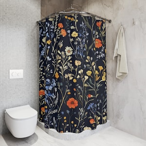 Cottagecore Floral Shower Curtain: Dark Art Deco Botanical Bath Decor