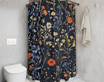 Cottagecore Floral Shower Curtain: Dark Art Deco Botanical Bath Decor