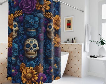 Vibrant Floral Skull Shower Curtain, Bohemian Bathroom Decor, Day of the Dead Theme, Unique Home Accessories, Gothic Chic