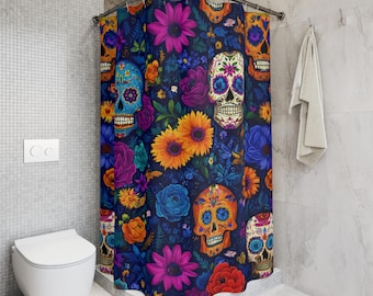 Colorful Day of the Dead Shower Curtain, Skull Floral Decor, Bathroom Accessories, Halloween, Home Decor, Unique Gift Idea