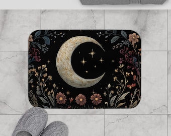 Cortina de ducha o alfombrilla de baño con diseño de luna y flores, diseño de luna creciente celestial.