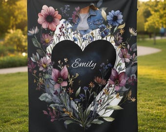 Personalized Sherpa Fleece Blanket, Black Floral Wildflower with Heart Throw, Cozy Plush Bedding