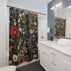 Cottagecore Floral Shower Curtain: Dark Art Deco Botanical Bath Decor