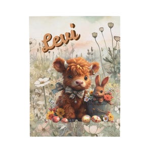 Samtige Plüschdecke mit Highland Kuh und Hase, süßes Geschenk für Babys, zu Ostern