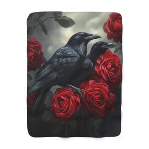 Goth Ravens and Roses Sherpa Blanket: Gothic Spooky Home Decor