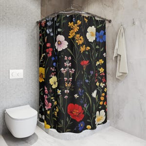 Cottagecore Floral Shower Curtain: Dark Art Deco Botanical Bath Decor