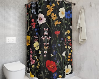 Cottagecore Floral Shower Curtain: Dark Art Deco Botanical Bath Decor