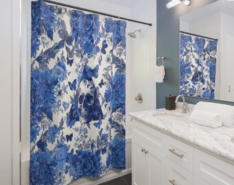 Cortina de ducha con calavera gótica azul: decoración floral de esqueleto para el baño.