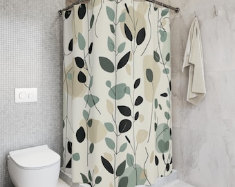 Botanical Sage Green Shower Curtain: Boho Minimalist Bathroom Decor.